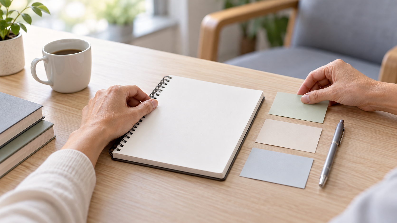 Imagem editorial conceitual de mãos organizando cartões neutros e um caderno em branco sobre uma mesa clara, sem dados pessoais.