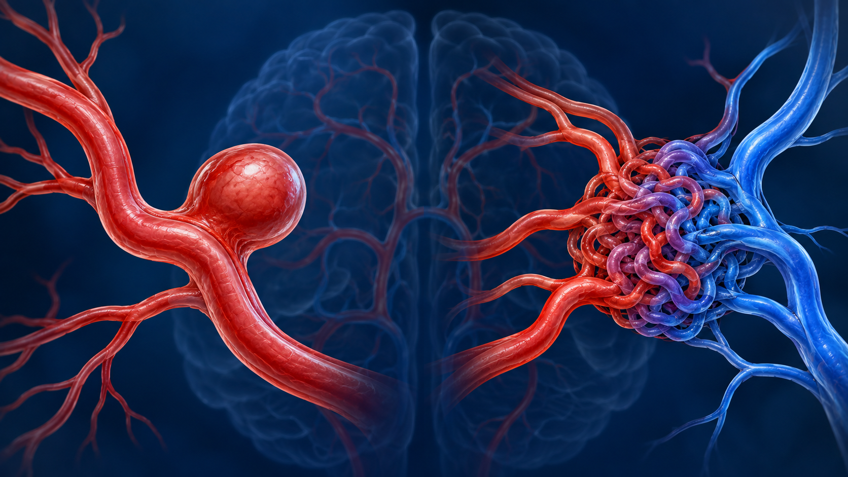 Ilustração conceitual em 3D comparando uma artéria cerebral com dilatação sacular e uma rede arteriovenosa emaranhada com vasos de entrada e saída.