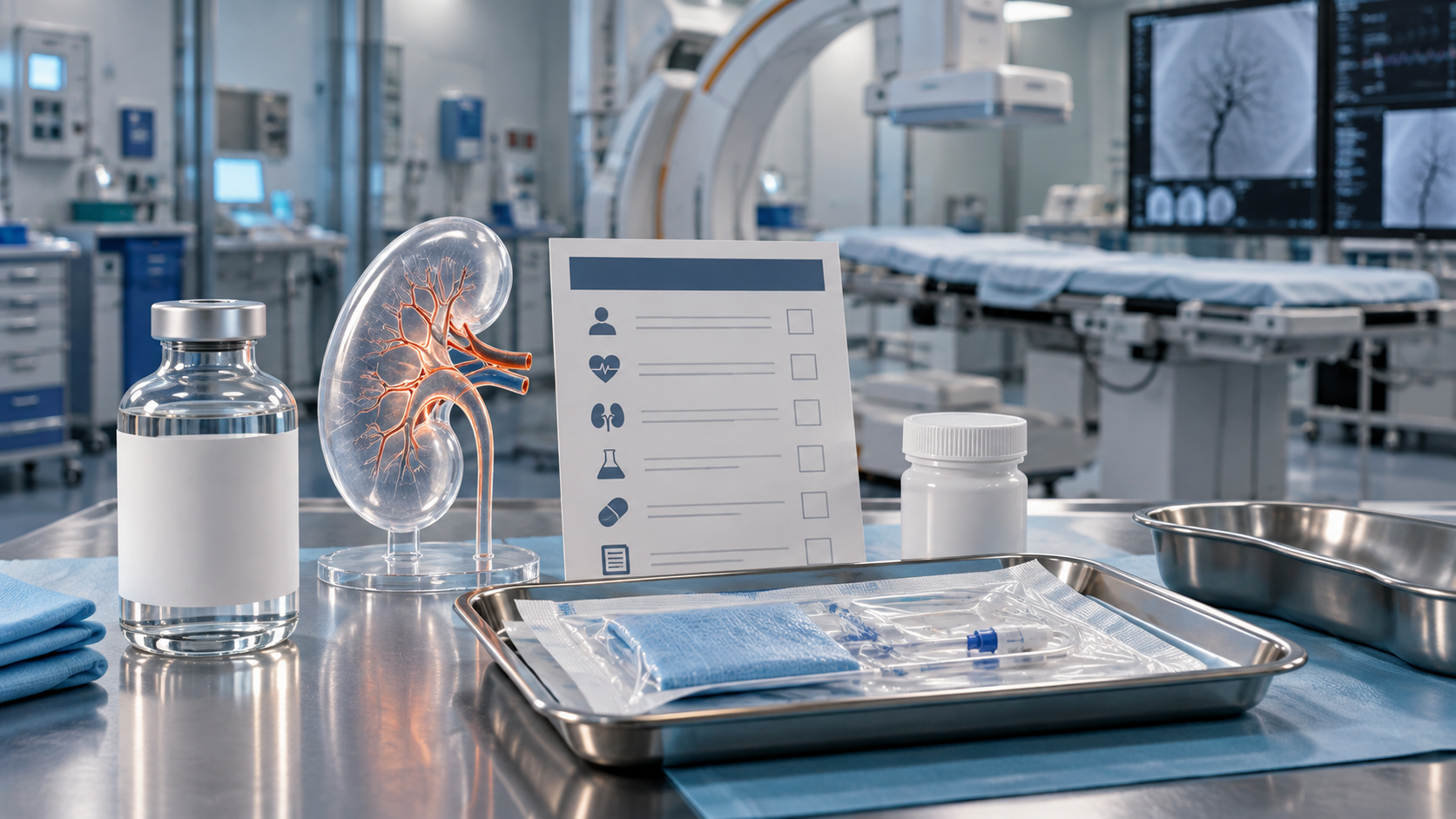 Bancada conceitual de preparo com frasco sem marca, checklist sem dados, modelo transparente de rim e sala de angiografia vazia ao fundo.