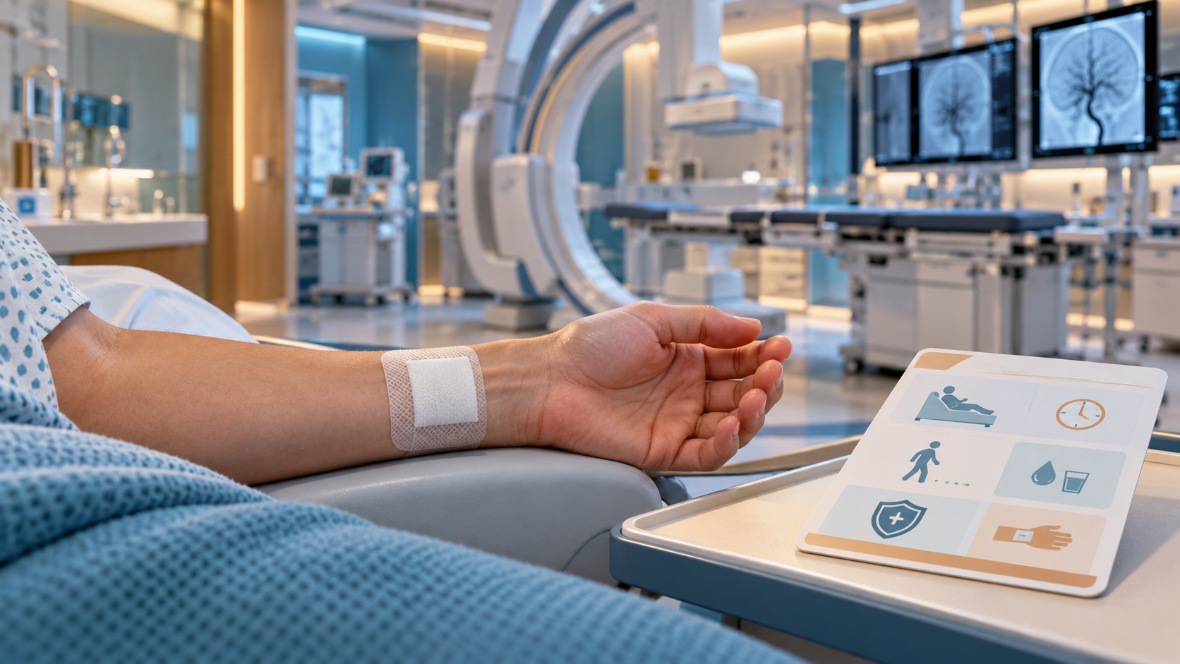 Imagem editorial conceitual de um antebraço com curativo compressivo no punho, cartão de orientações e sala de angiografia ao fundo.