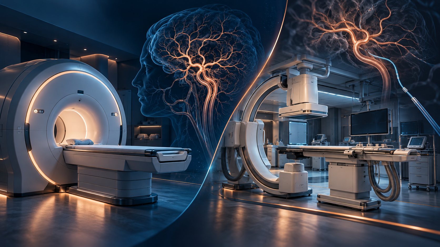 Ilustração conceitual com aparelho de ressonância, mapa vascular cerebral e sala de angiografia por cateter, sem paciente.