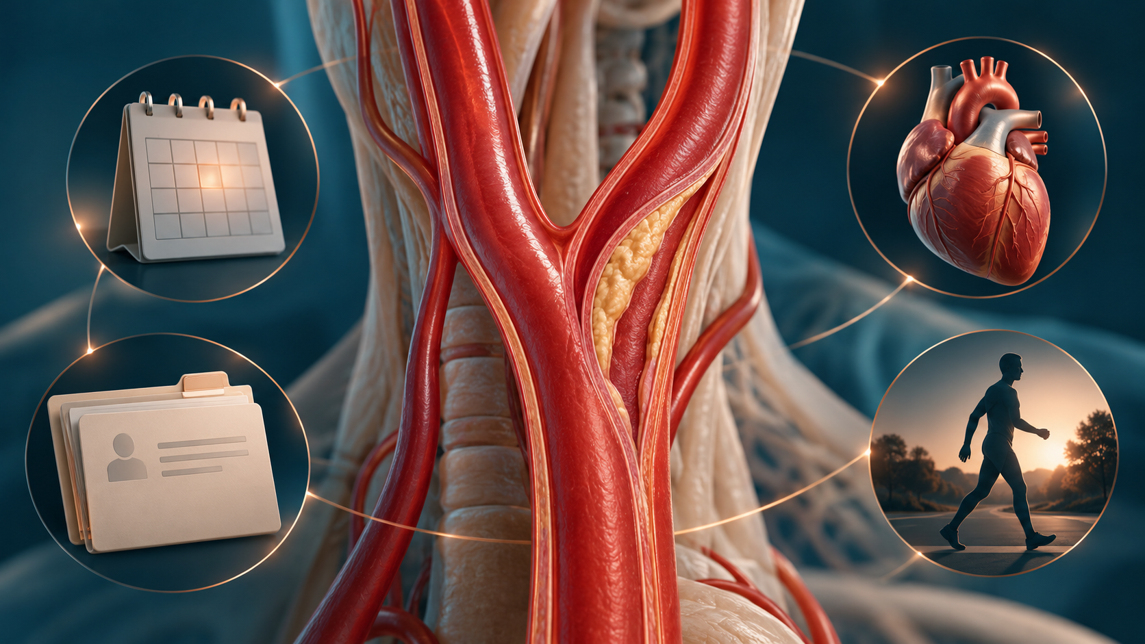 Ilustração conceitual em 3D de uma bifurcação carotídea com placa discreta, cercada por símbolos de tempo, histórico de saúde, coração e atividade física.