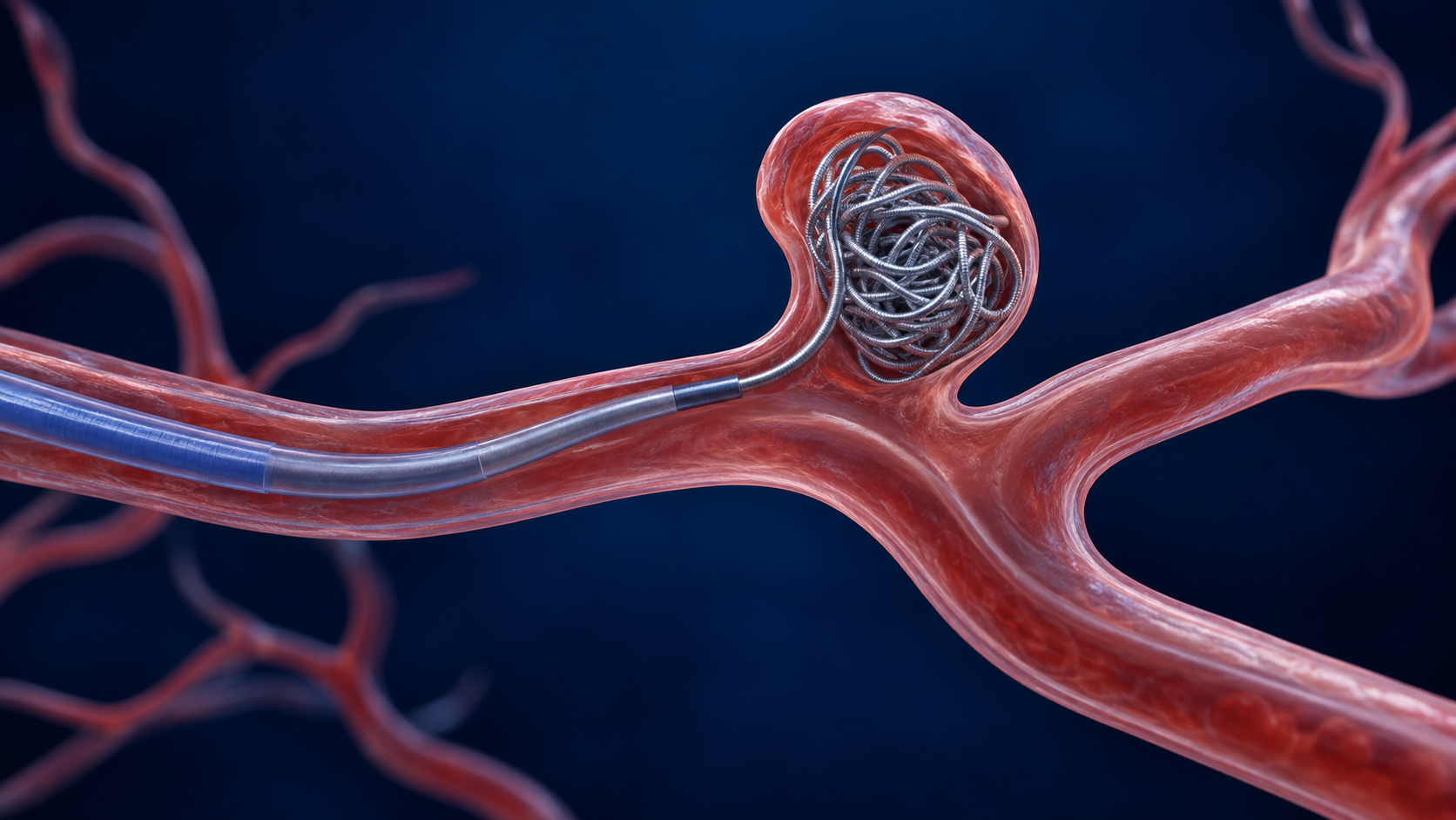 Ilustração conceitual em 3D de coils dentro de um aneurisma sacular em uma bifurcação arterial.