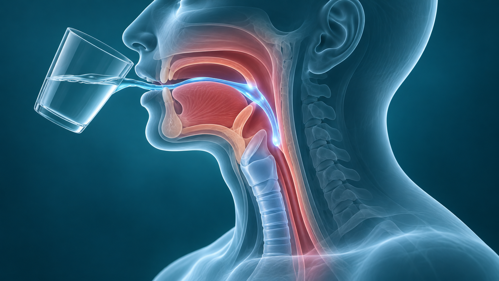 Ilustração conceitual em 3D do perfil da cabeça e do pescoço, mostrando boca, faringe e via aérea durante um gole de água.