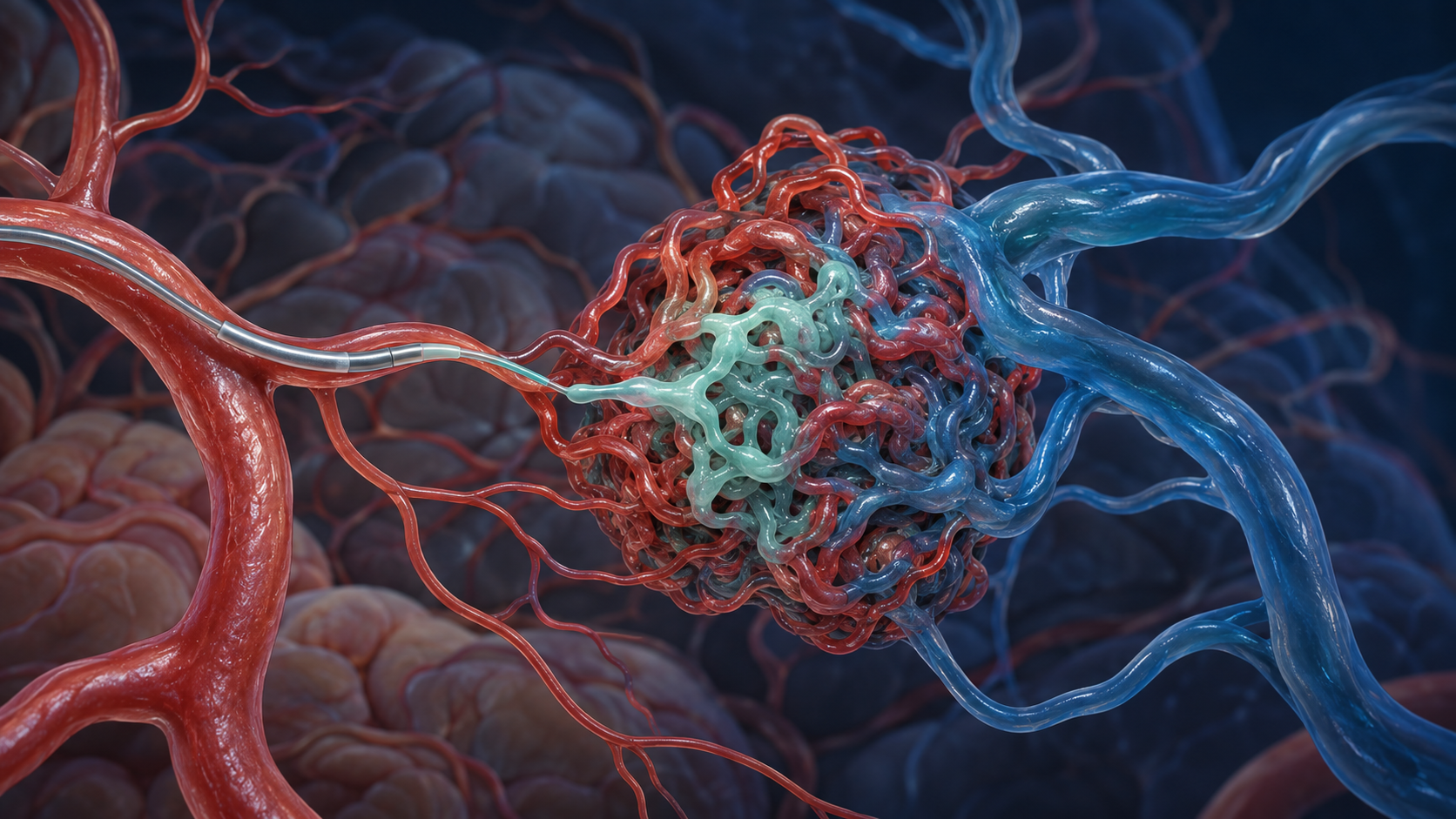 Ilustração conceitual em 3D de microcateter chegando a uma rede vascular de MAV com material embolizante destacado.
