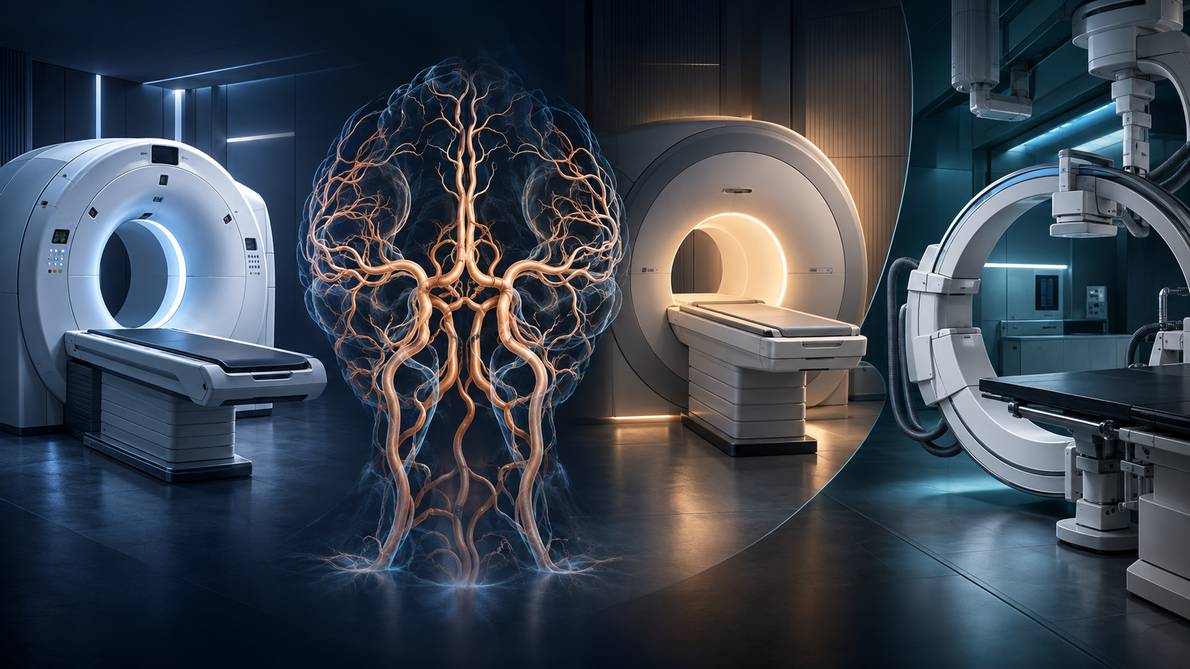 Composição conceitual com tomógrafo, ressonância, mapa vascular cerebral e equipamento de angiografia.