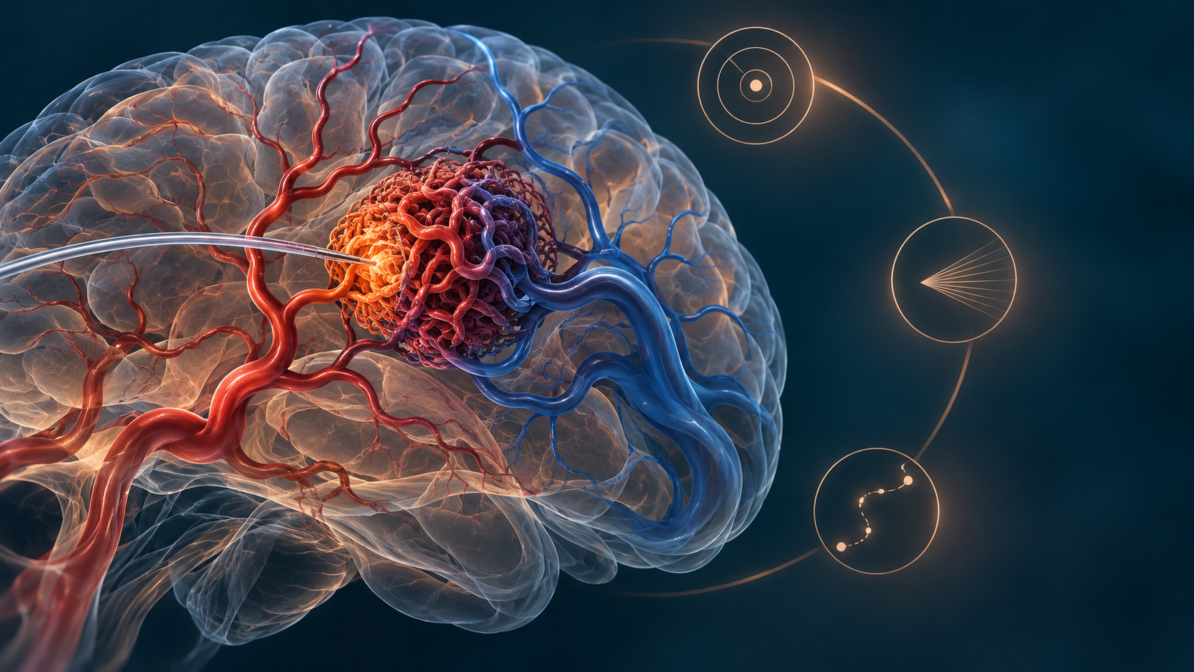Ilustração conceitual em 3D de uma MAV cerebral com artérias, nidus, veias e um microcateter alcançando apenas parte da rede vascular.