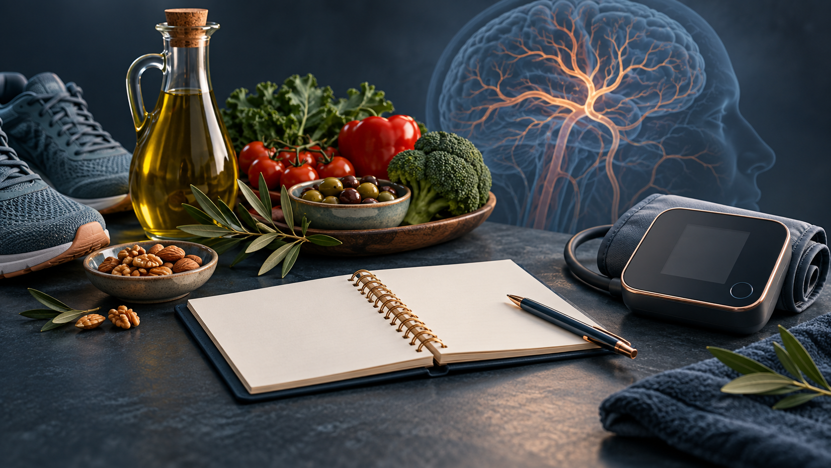 Composição editorial com aparelho de pressão, caderno em branco, alimentos e calçado para caminhada diante de uma silhueta vascular cerebral conceitual.
