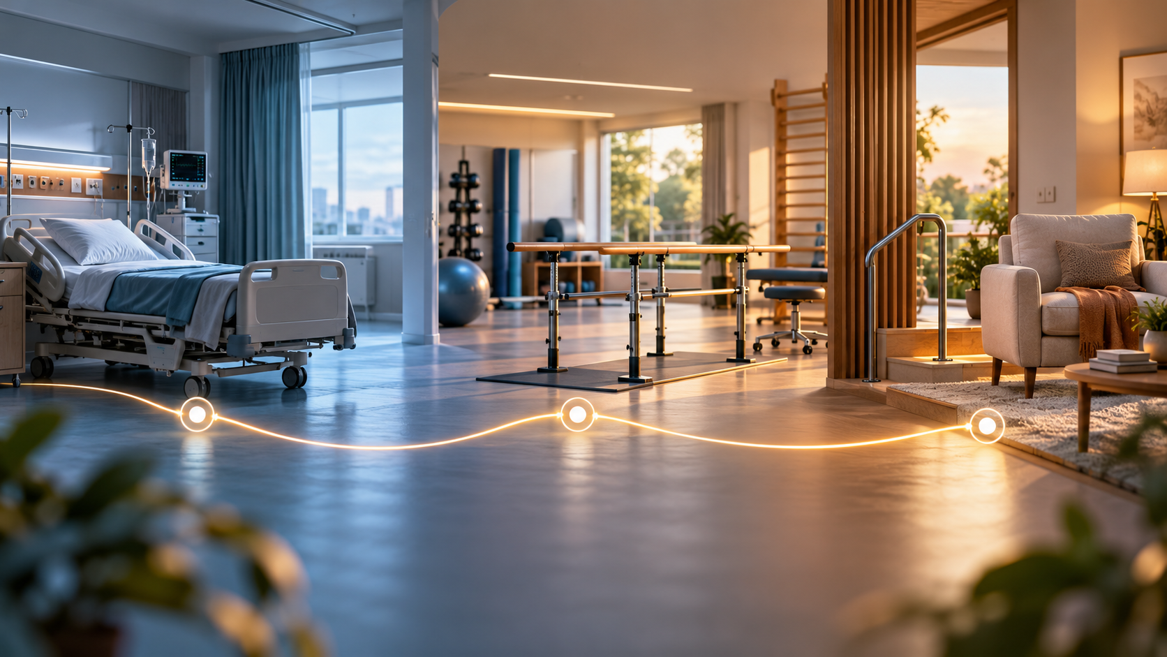 Ilustração conceitual em 3D conectando um leito hospitalar vazio, um espaço de reabilitação e um ambiente doméstico acessível.