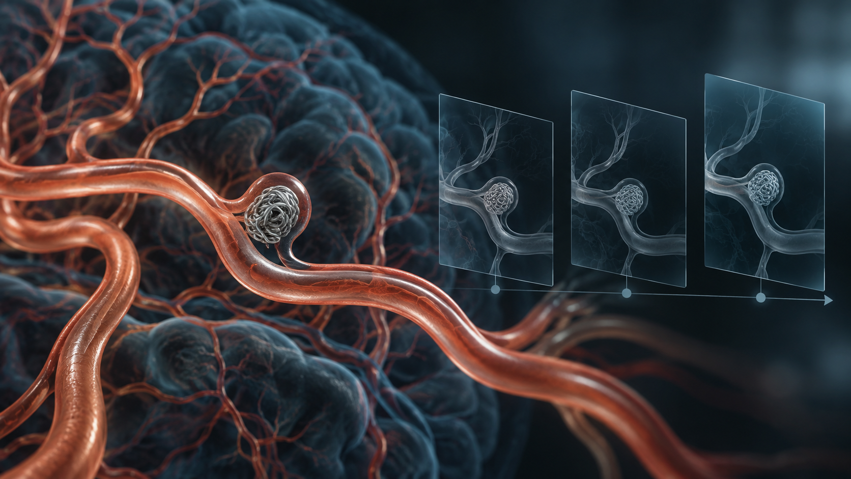 Ilustração conceitual de aneurisma com coils e três quadros abstratos de acompanhamento por imagem.
