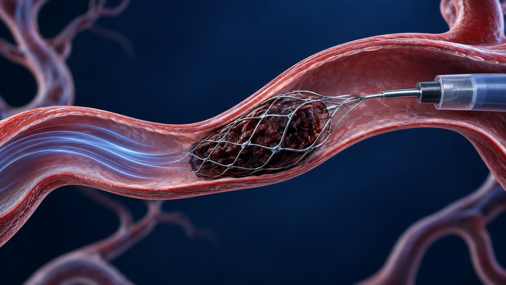 Ilustração conceitual em 3D de um stent retriever envolvendo um coágulo dentro de uma artéria cerebral.