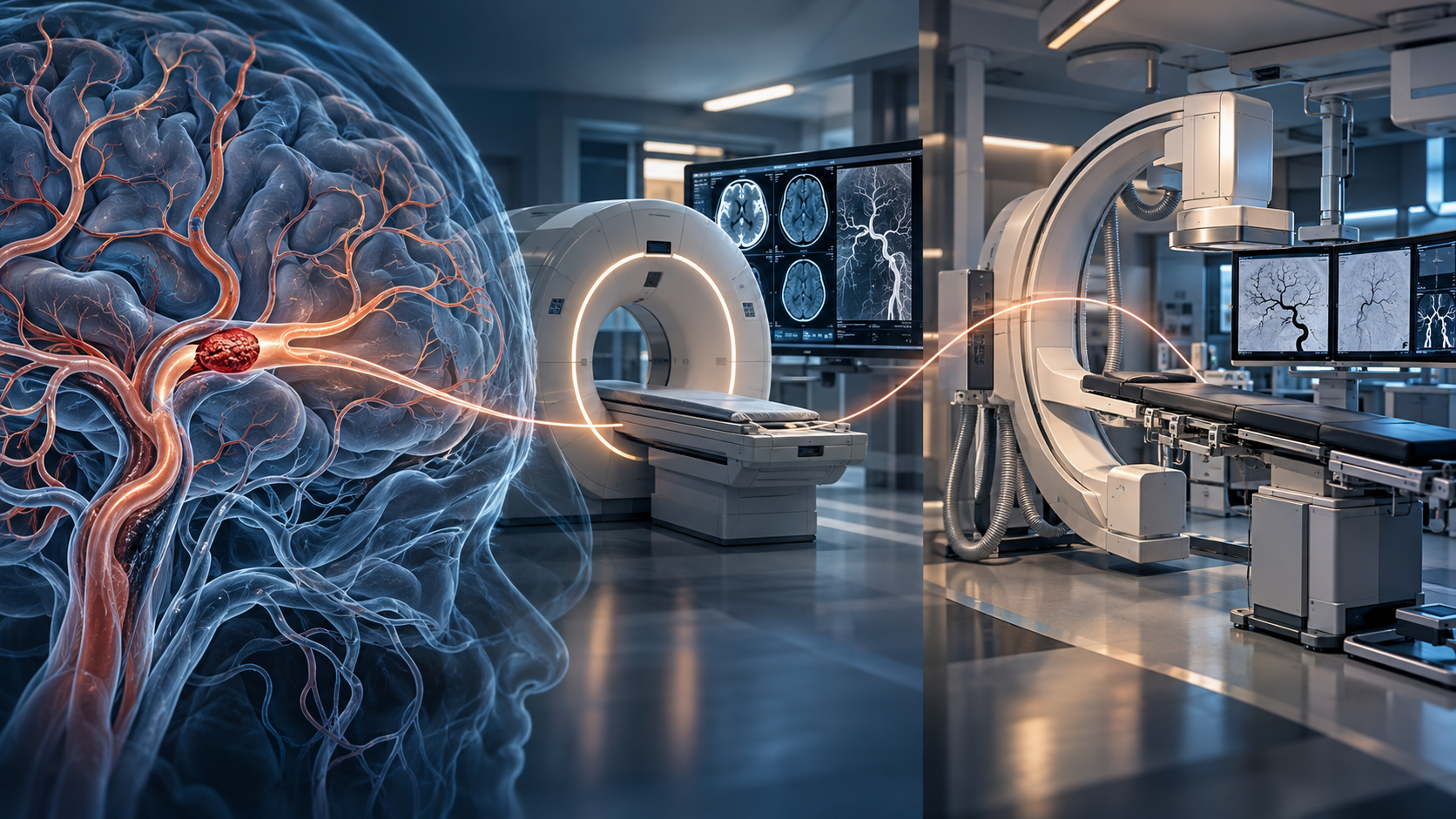 Ilustração conceitual com cérebro e artéria obstruída, tomógrafo e sala endovascular vazia conectados em uma mesma jornada de avaliação.