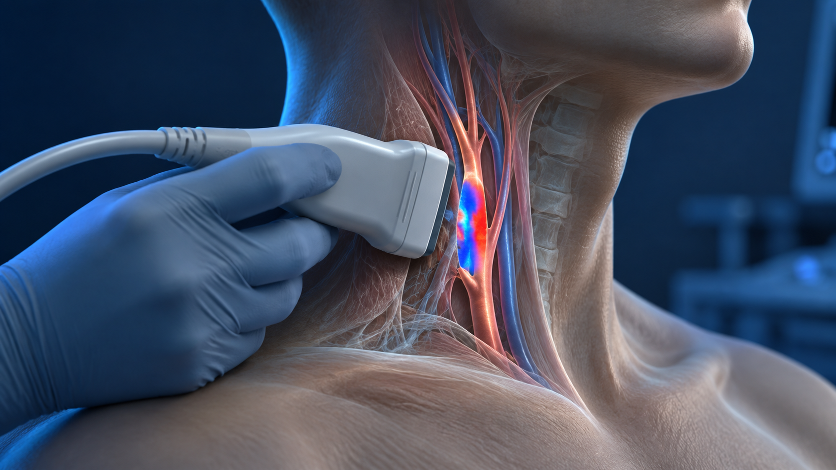 Ilustração conceitual em 3D de um transdutor de ultrassom sobre a lateral do pescoço, com a carótida visível em transparência.